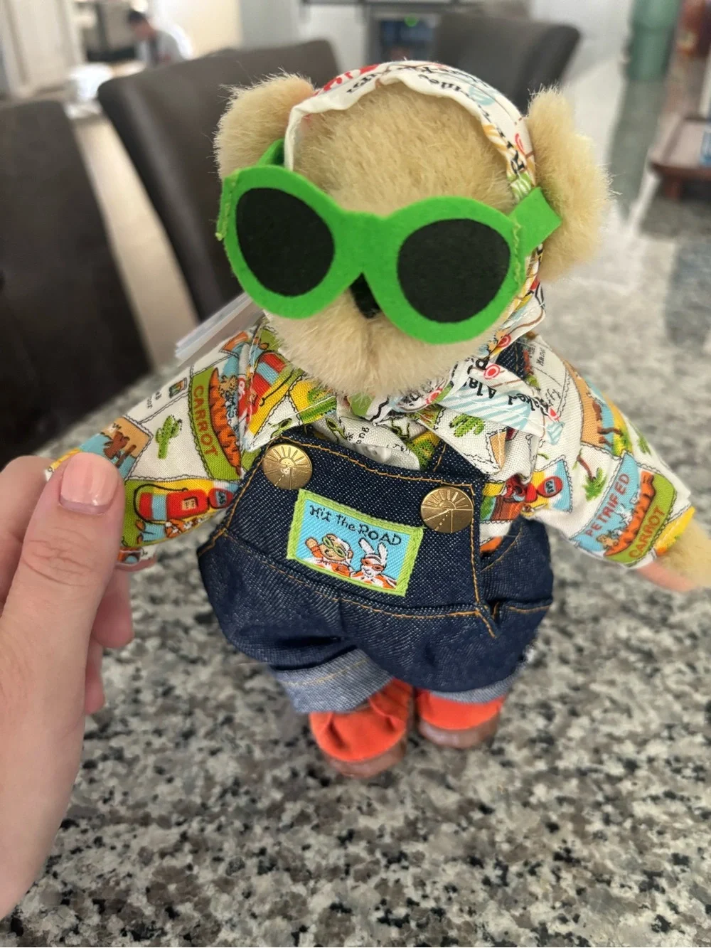 Collectible Muffy Plush Bear Toy with Green Sunglasses and Denim Overalls